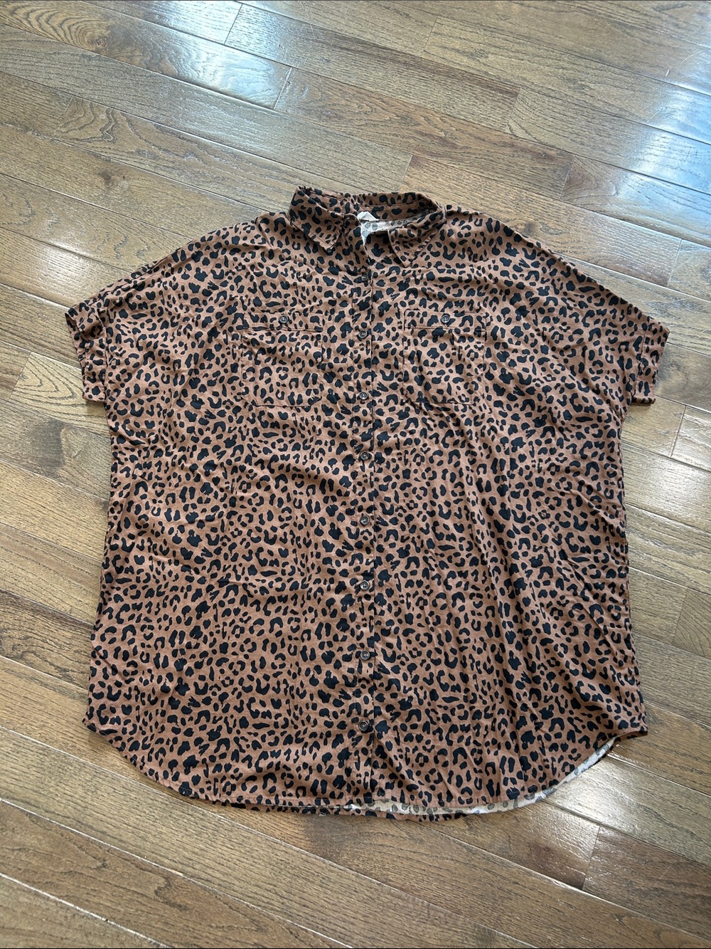 Leopard Print Button-Down Short Sleeve Shirt Dress - Brown/Black